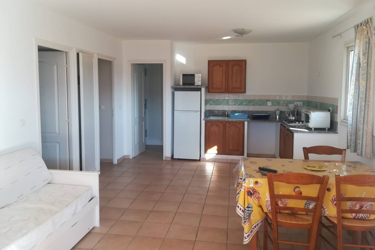 A compact living space with a kitchenette, a dining area, and a sofa.