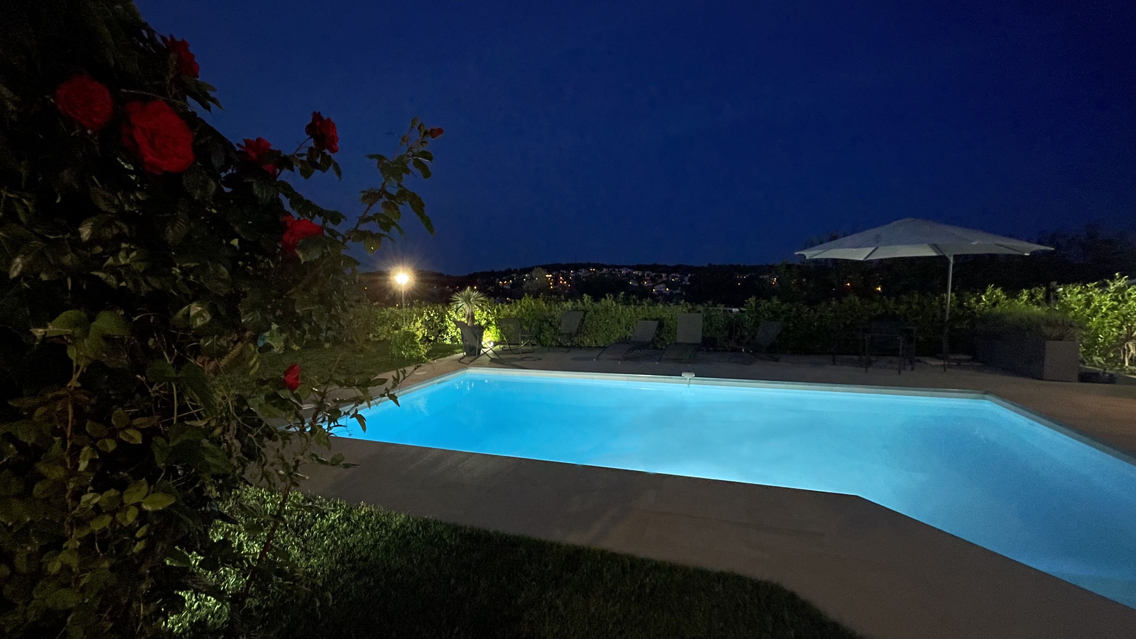A swimming pool surrounded by greenery and a patio area with outdoor furniture.