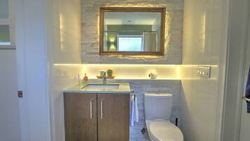 Une salle de bain moderne avec un lavabo intégré, un meuble-lavabo et des toilettes.