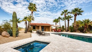 A pool area with a hot tub, palm trees, and a cactus. - Private Phoenician Sanctuary- Villa De Paz (Phoenix)