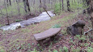 A rustic bench in a forested area with a small stream. - Beautiful, Remodeled Cottage in the Heart of Afton (Afton)