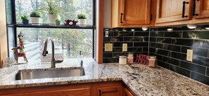 Una cocina con encimera de granito, armarios de madera, pileta de acero inoxidable y una ventana con plantas en macetas.