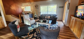 Smart TV, fireplace, video games, DVD player