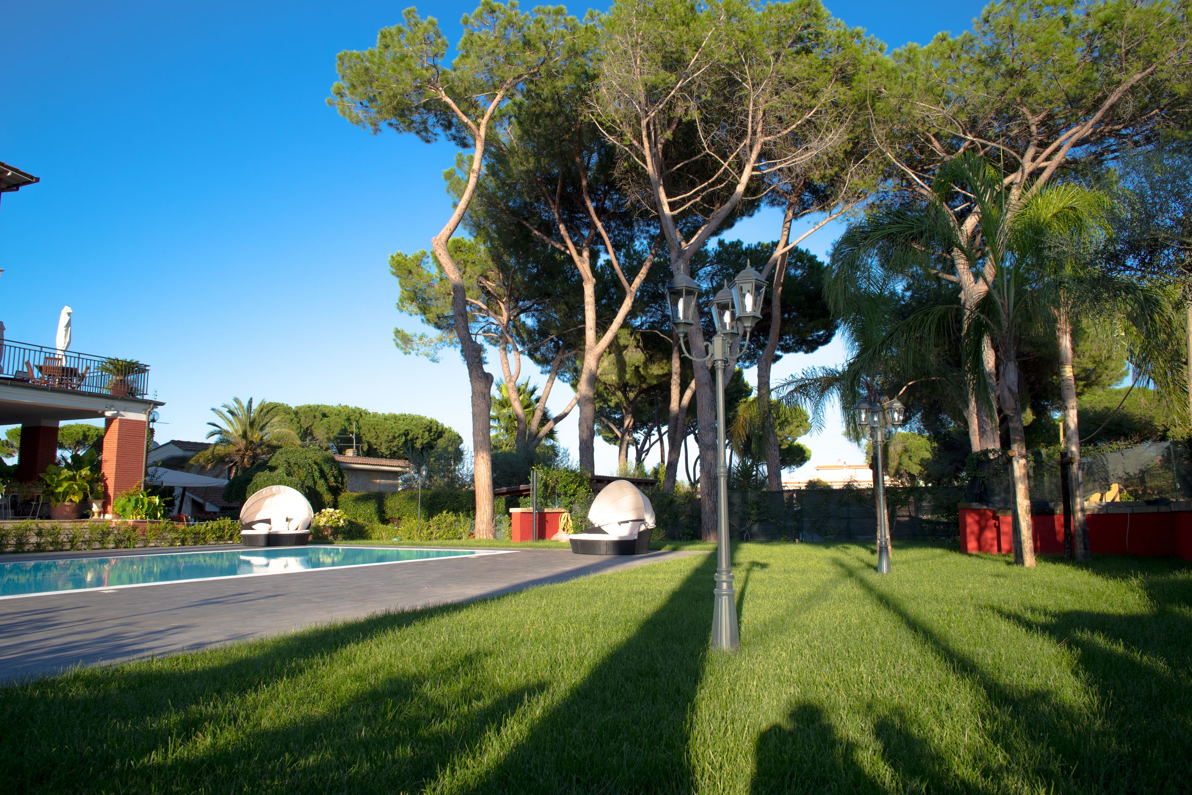 A swimming pool with a surrounding lawn and trees.
