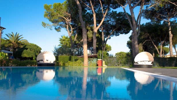 A clear swimming pool with two large spherical structures on the far side, surrounded by trees and greenery. - Relais Villa Italia (Rome)