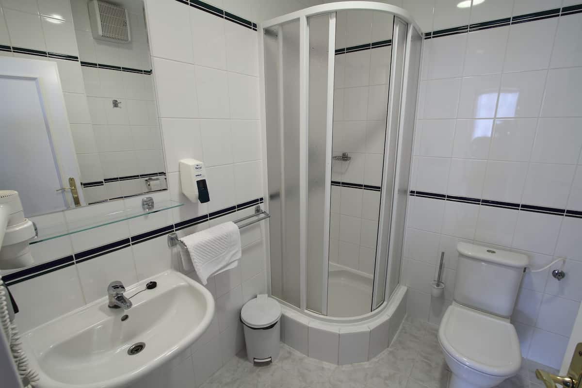 Shower, free toiletries, hair dryer, towels