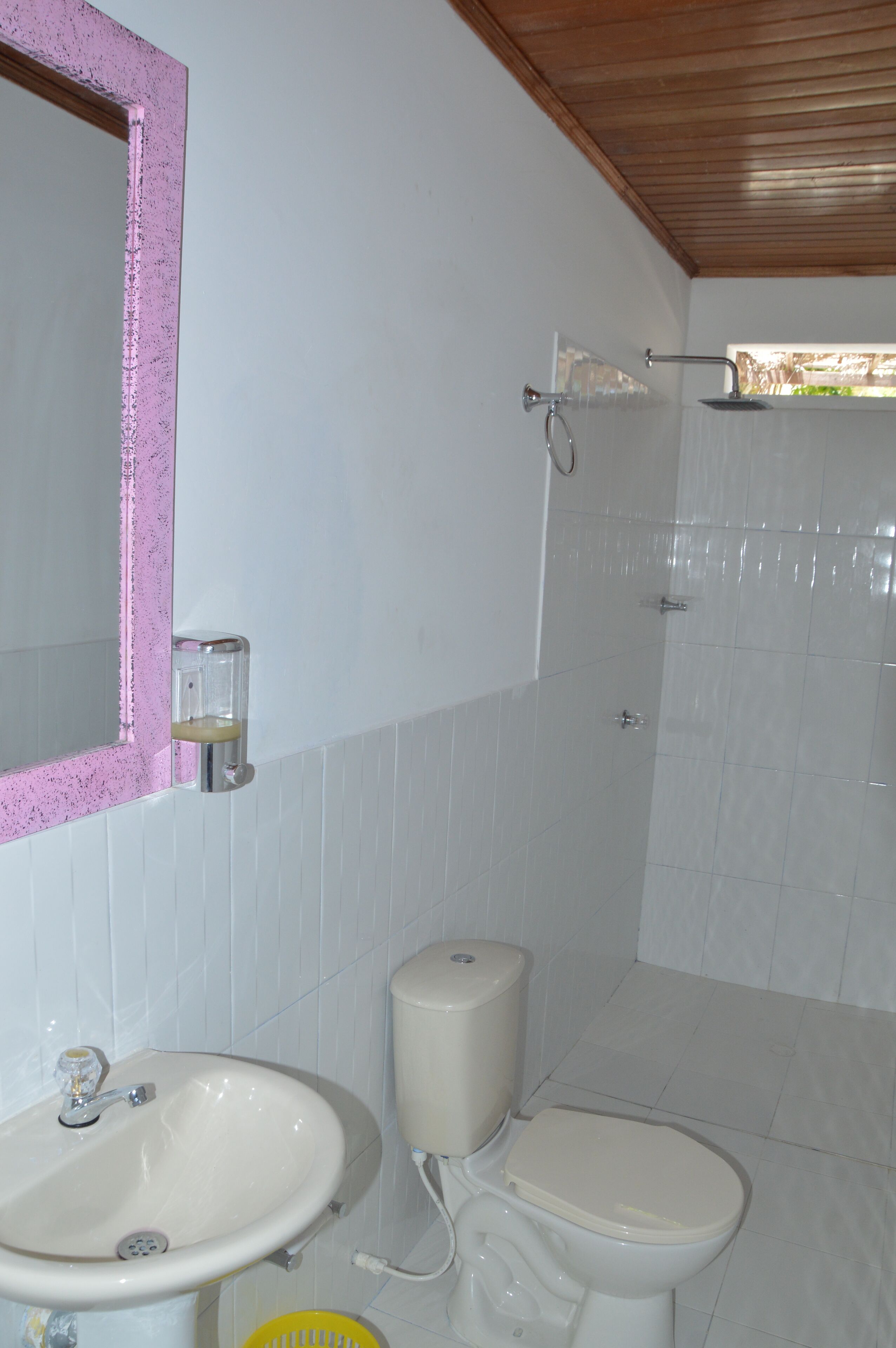 A bathroom with a white sink, toilet, and a mirror with a pink frame.