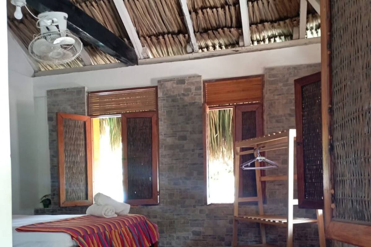 A room with a bed, a wooden chair, a hanging rack, and a window with a view of palm trees.