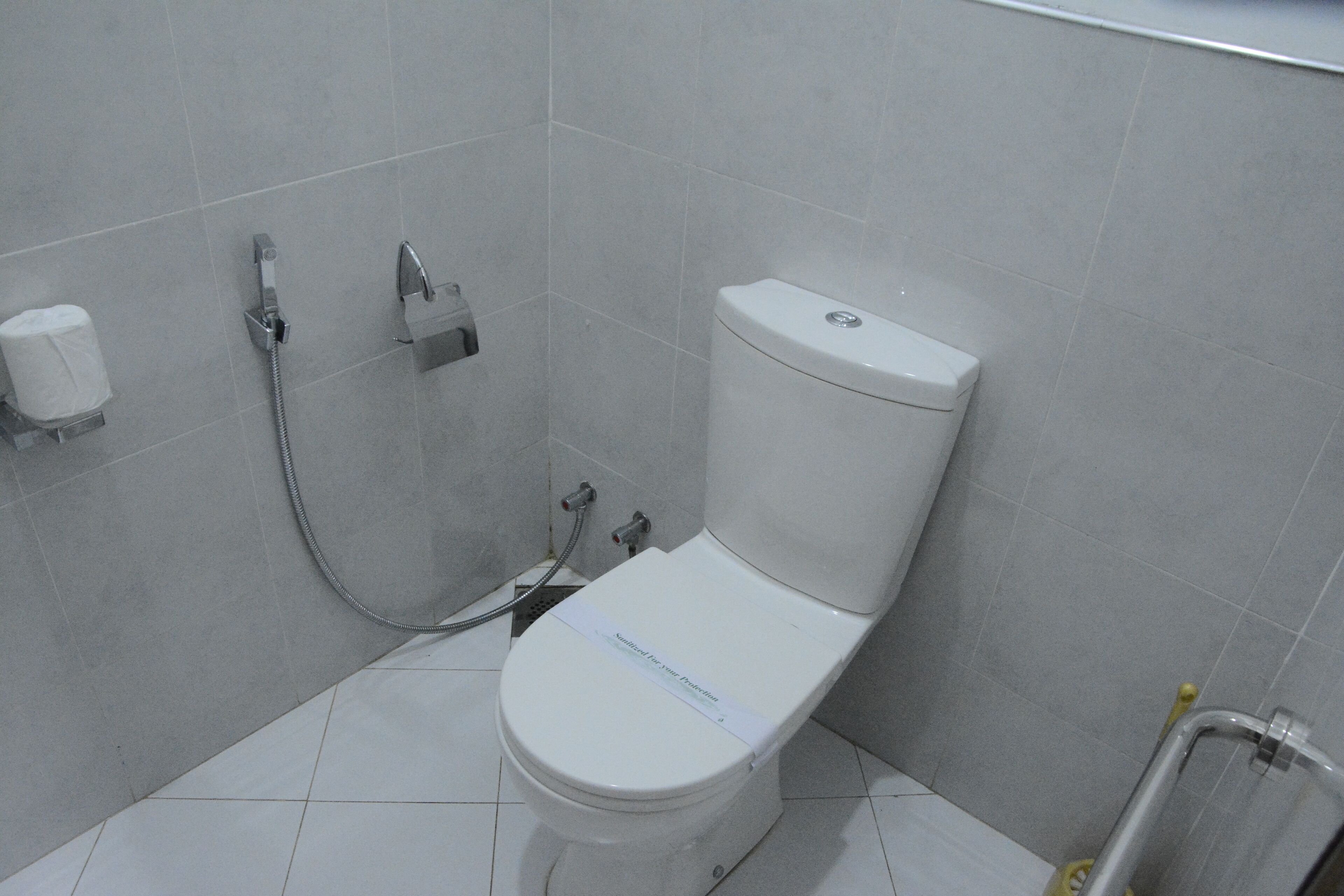 A bathroom with a white toilet, a shower, and a toilet paper holder on the wall.