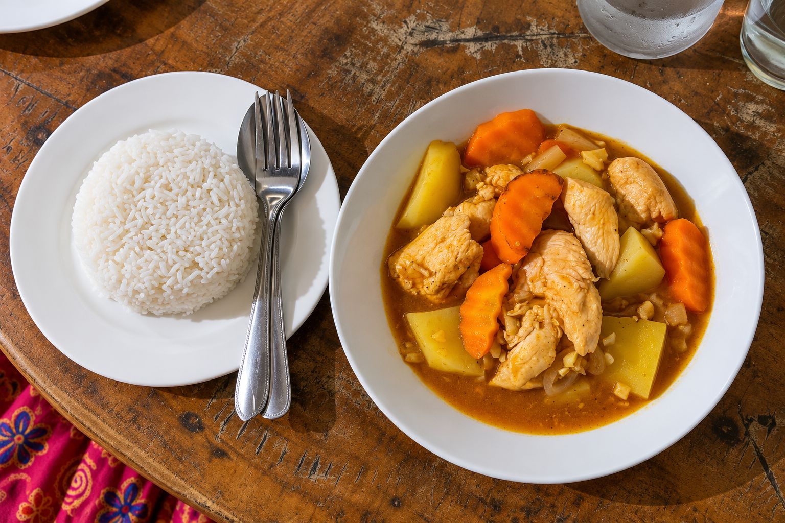 Ein Teller mit weißem Reis und eine Schüssel Hühnersuppe mit Gemüse.