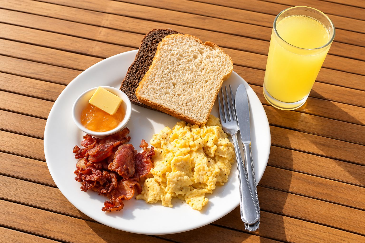A breakfast plate with toast, scrambled eggs, bacon, butter, and a glass of orange juice on a wooden table.