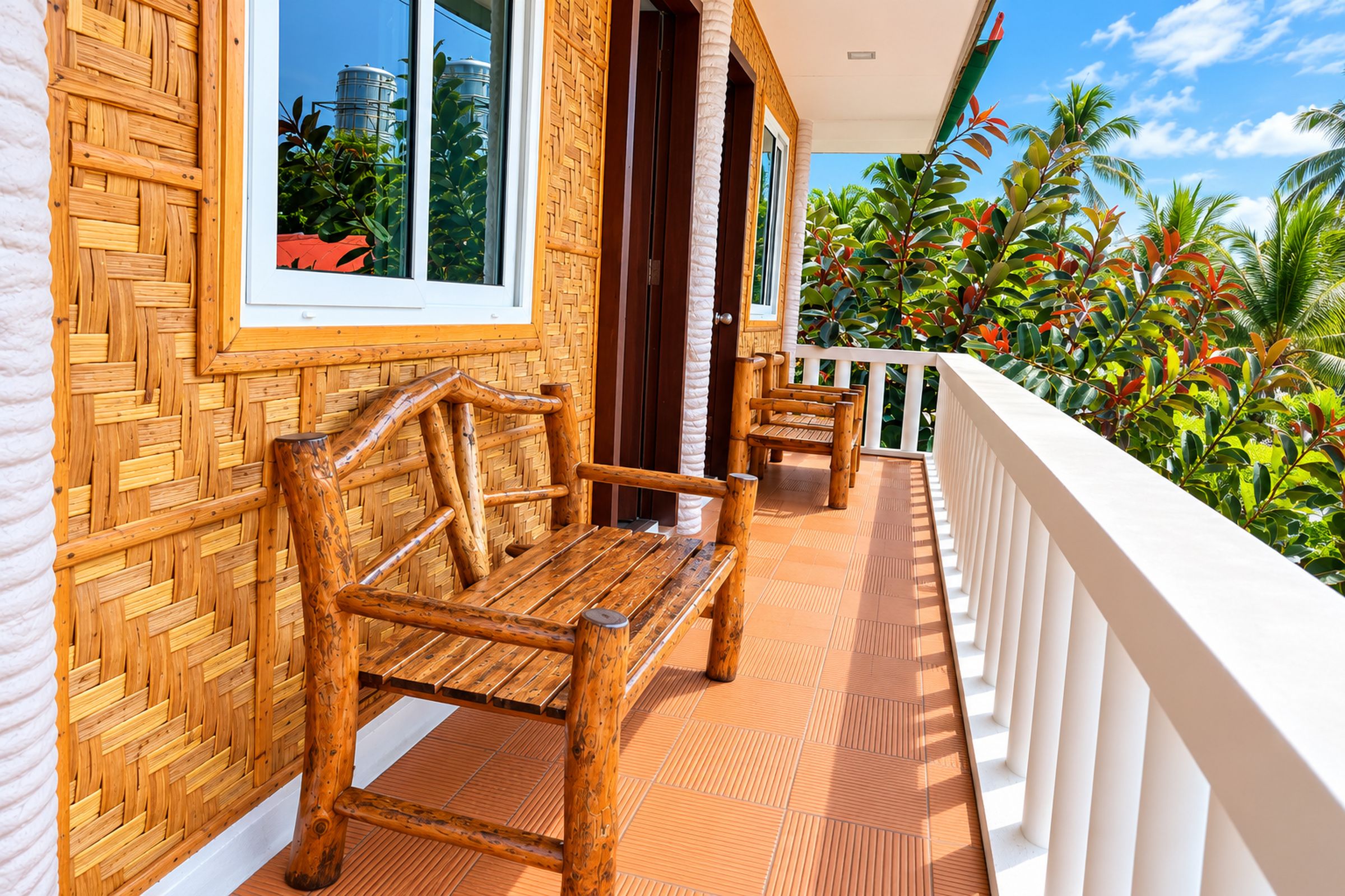 A wooden bench on a balcony with a white railing, a window with a view of a water tank, and lush green foliage in the background.