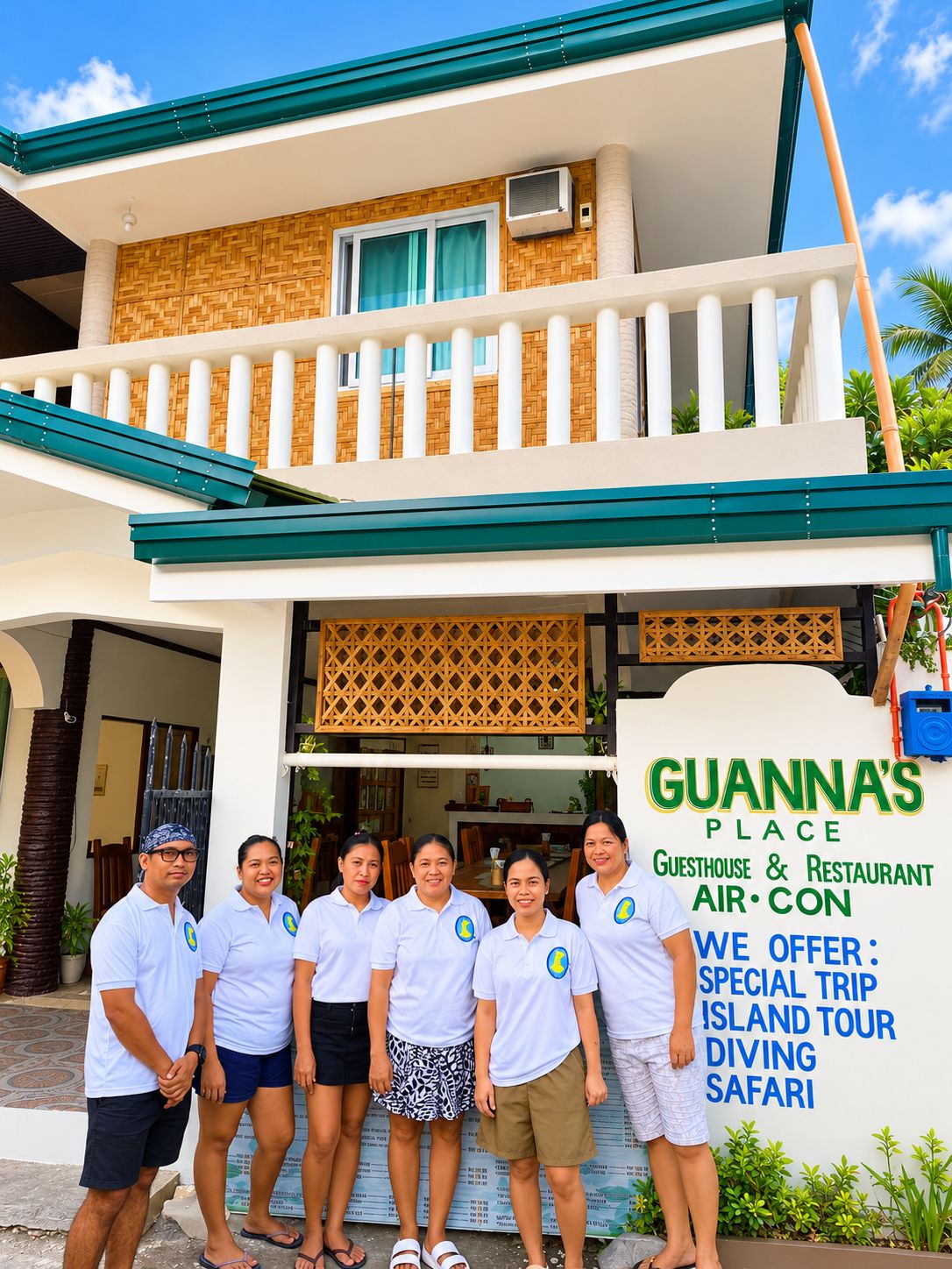A guesthouse with a balcony, a signboard advertising services, and a group of people standing in front.