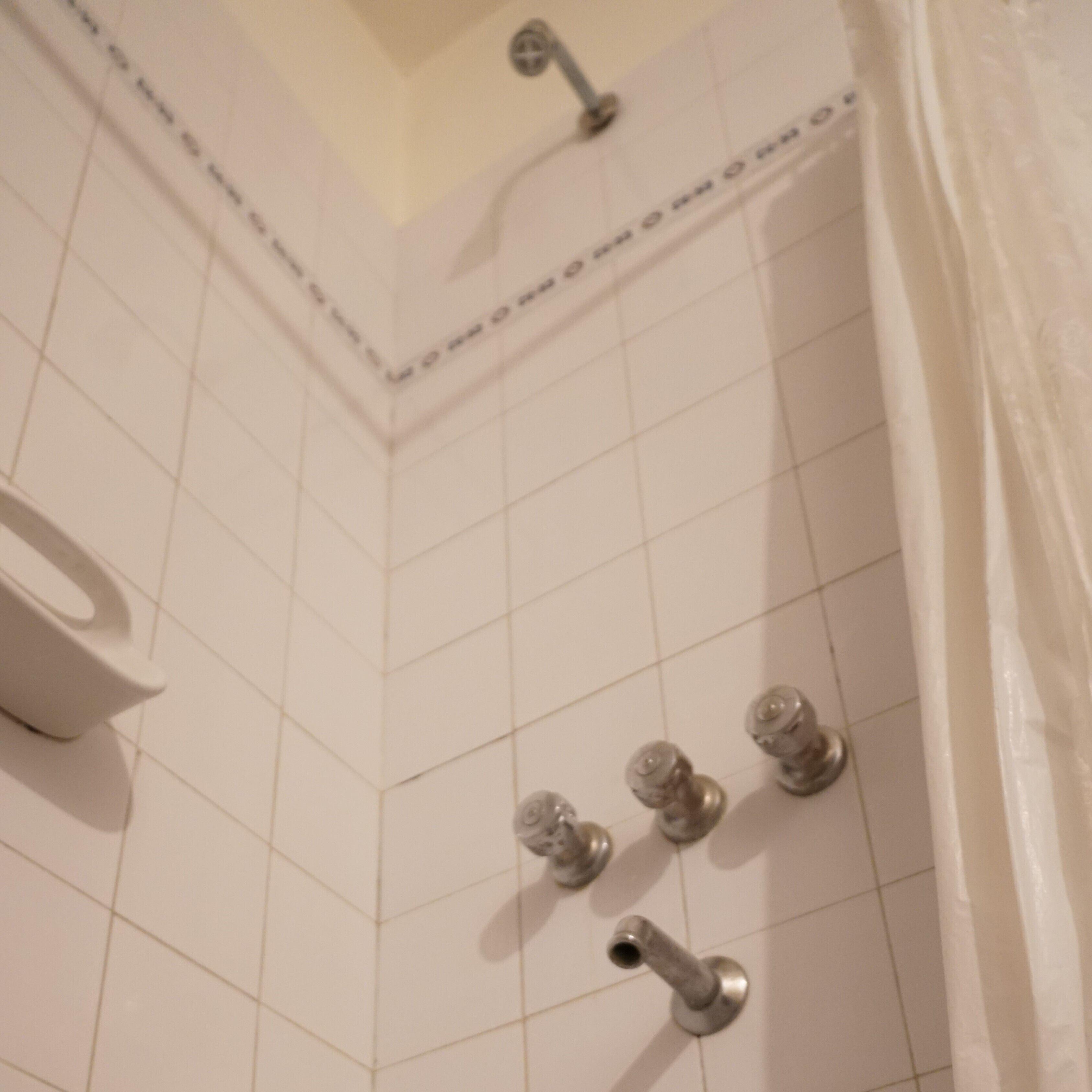 Canto de um banheiro com paredes revestidas de azulejos brancos, um chuveiro e um vaso sanitário.