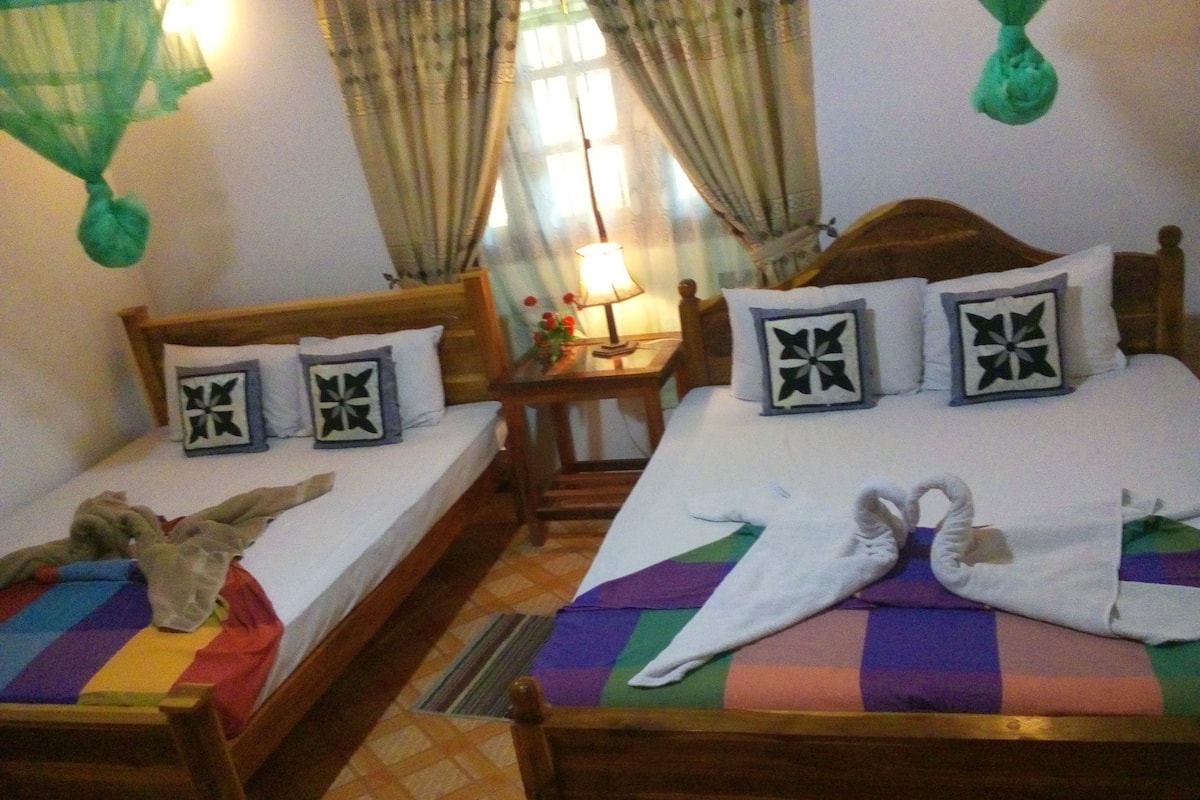 Une chambre d’hôtel avec deux lits en bois, chacun agrémenté d’une couverture colorée et de coussins assortis.