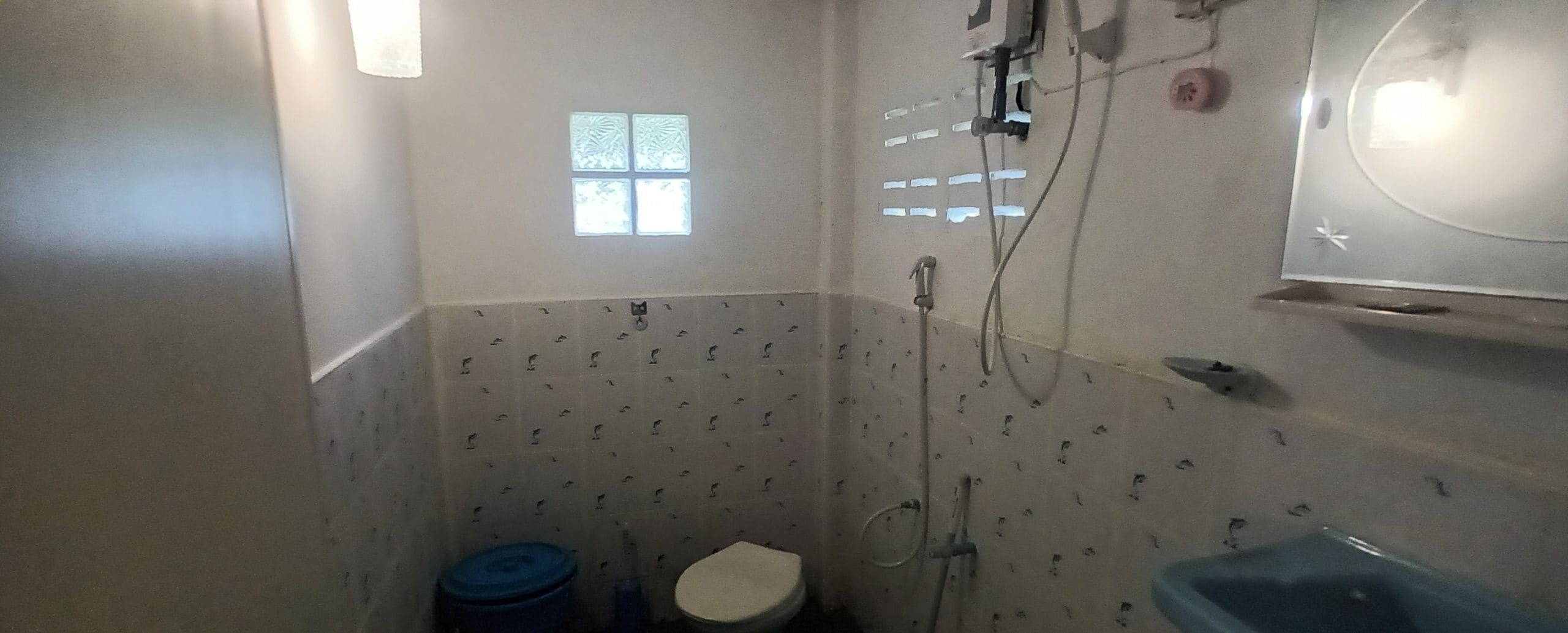 Un bagno piccolo con il water, un lavandino e una doccia. Una finestra permette l'ingresso di luce naturale.