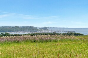 A coastal landscape with a marina, boats, and a field of wildflowers. - Dybbøl Luxury View (Sønderborg)