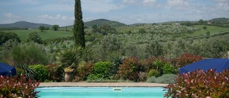 Piscina stagionale all'aperto, ombrelloni da piscina, lettini