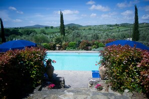 Une piscine aux bords recouverts de pierres, entourée d’une végétation luxuriante et agrémentée de deux parasols bleus.