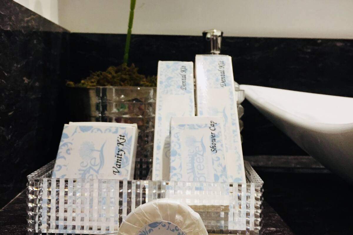 free toiletries, hair dryer, towels