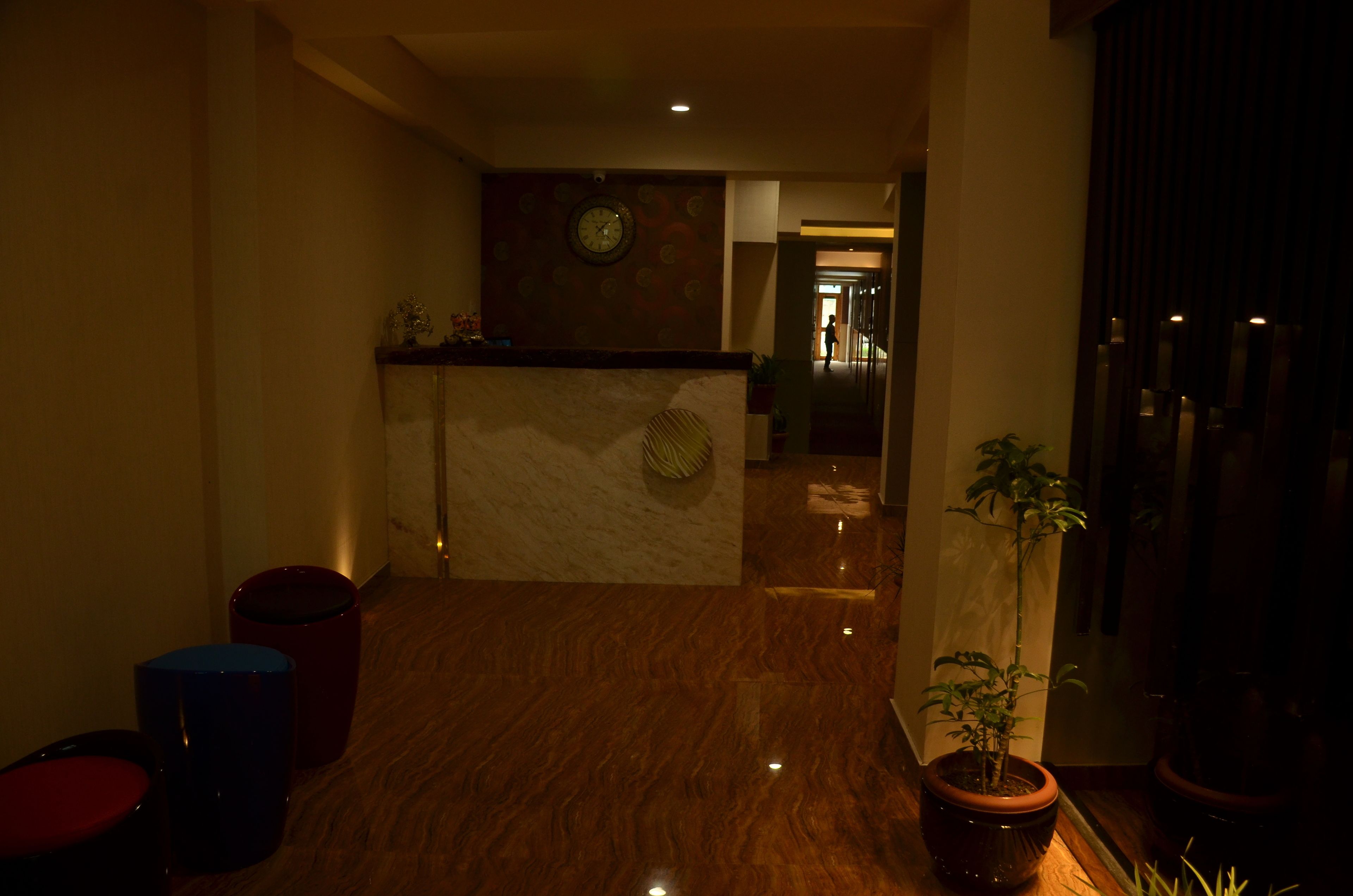 A hotel lobby with a marble floor, a reception desk, and potted plants.