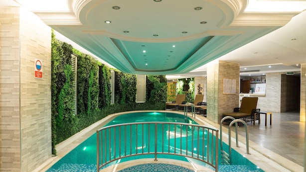 An indoor swimming pool with a tiled floor, a metal railing, and a green wall with plants. - Felicity Hotel Istanbul  (Istanbul)