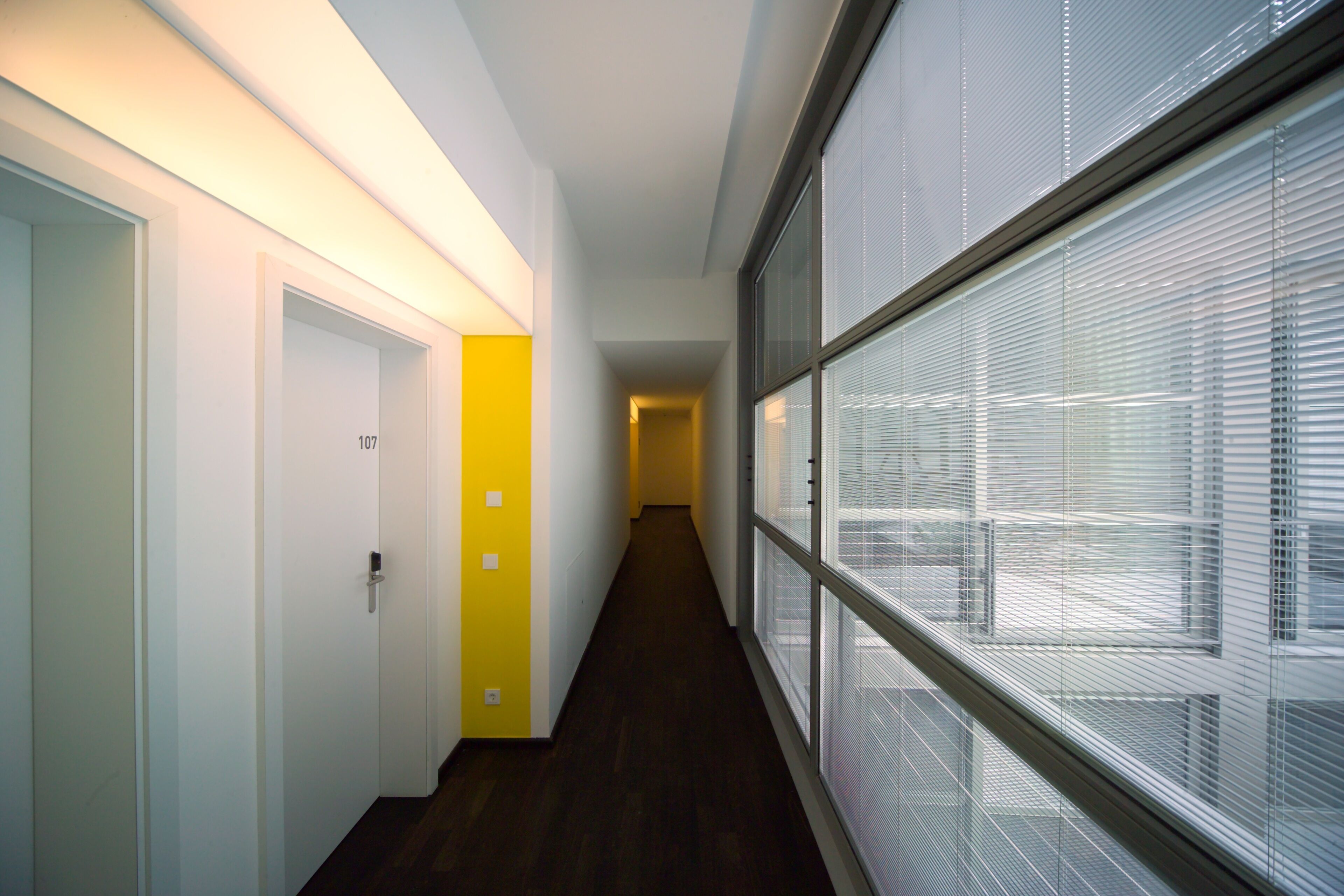 A hallway with a door labeled 107, a yellow wall, and large windows with blinds.