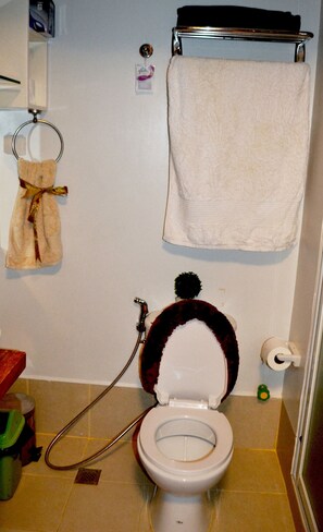 Un baño con inodoro, toallero y cabezal de ducha.