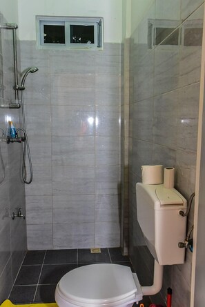 A bathroom with a toilet, a shower, and a small window. - Macsapartment (Paramaribo)