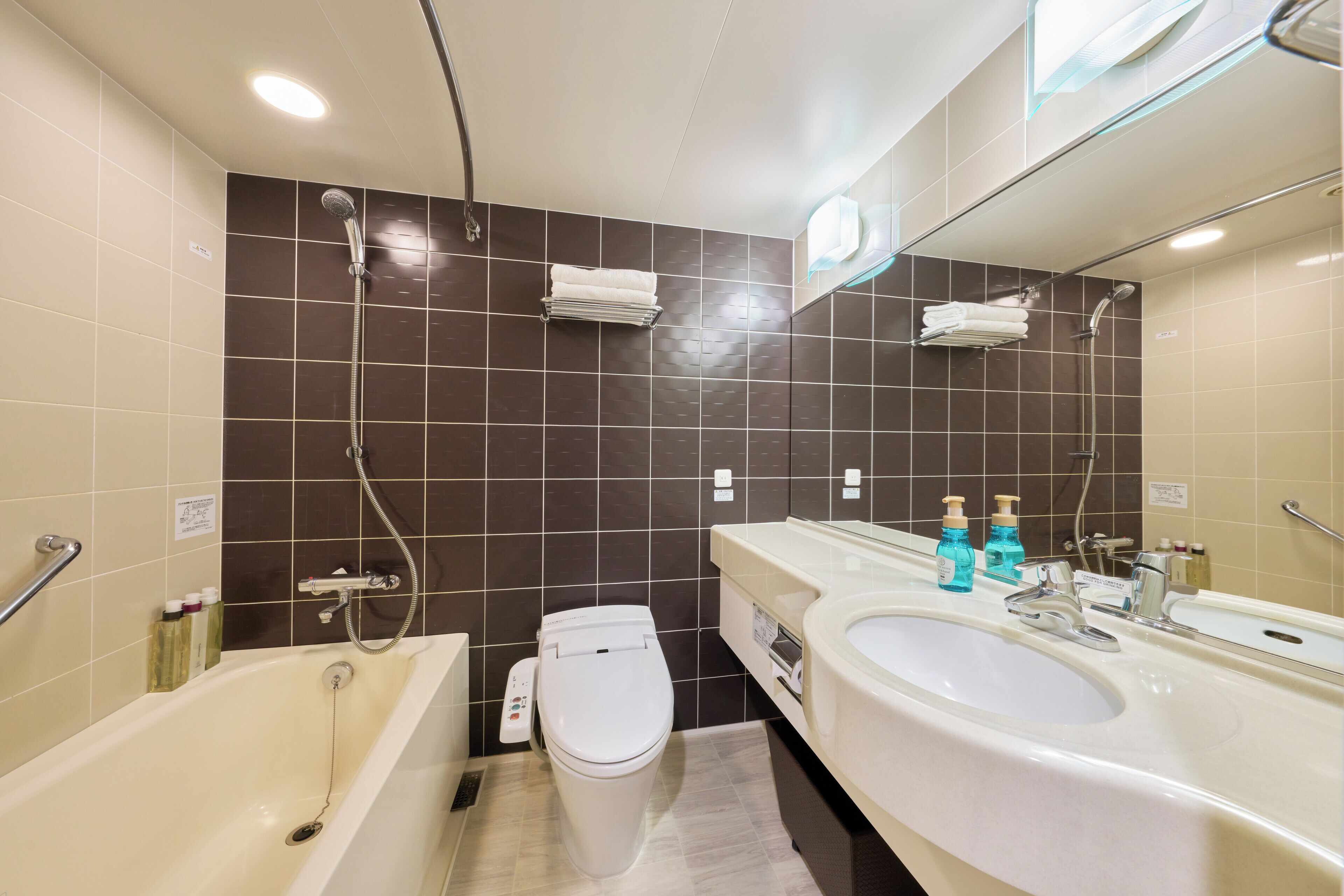 combined shower/bathtub, free toiletries, hair dryer, slippers