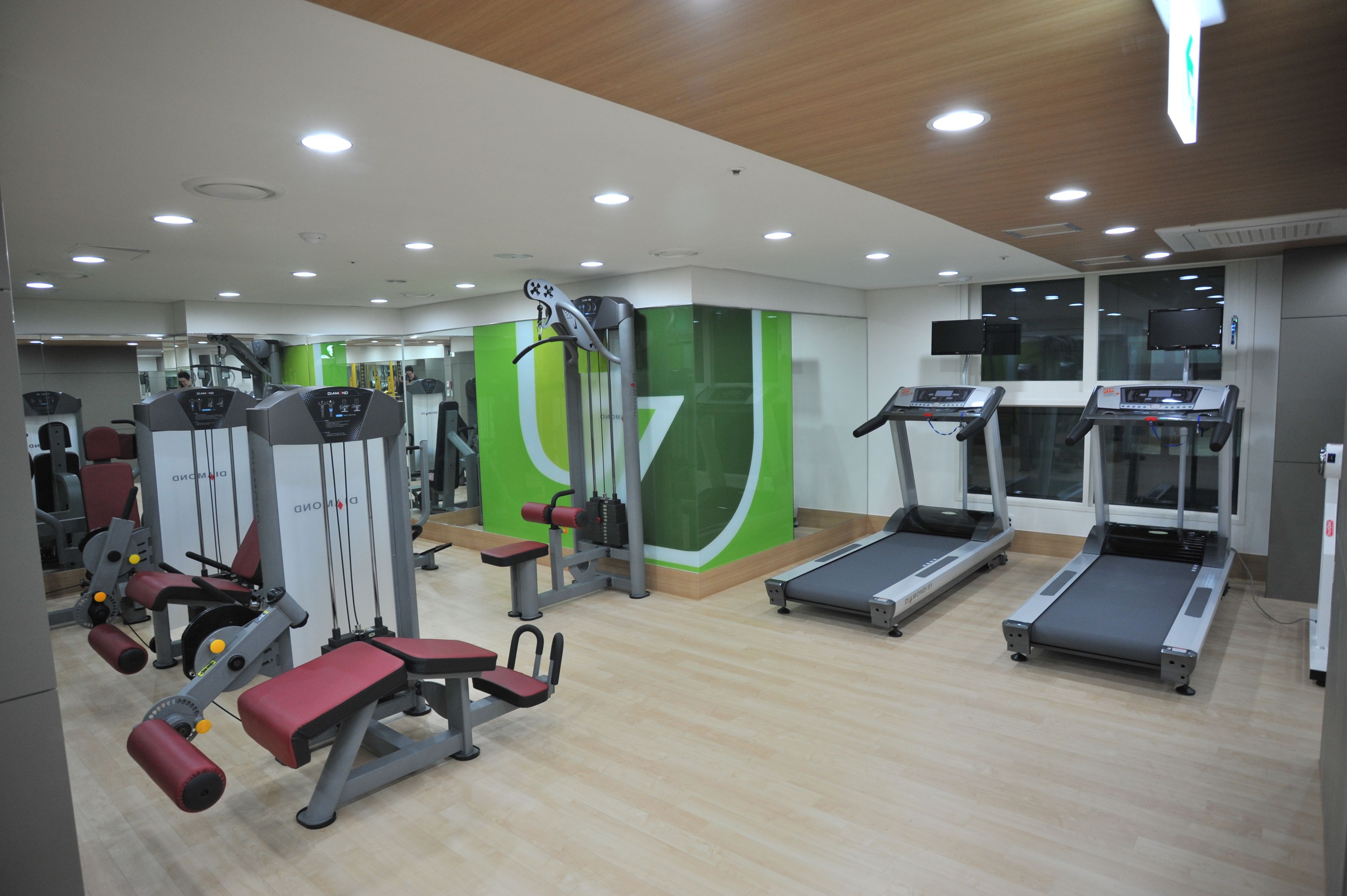 A gym with treadmills, weight machines, and a mirrored wall.