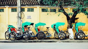 A row of rickshaws parked against a yellow wall with decorative tiles and a tree.