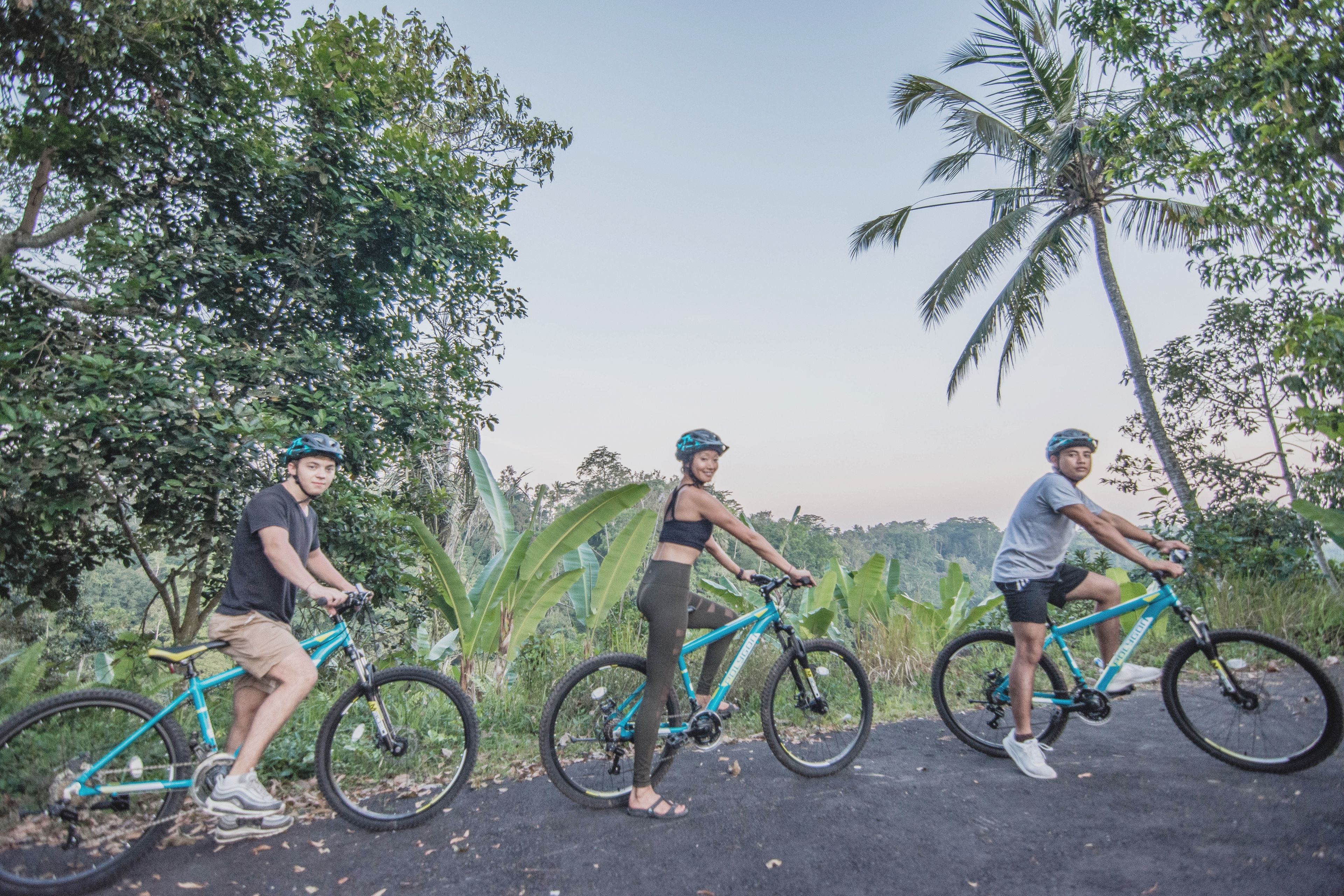 Three people on bicycles in a natural setting with trees and a clear sky.