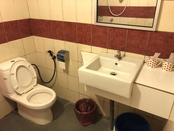 A bathroom with a toilet, sink, and a mirror. - The Wizard of Oz Resort (Semporna)