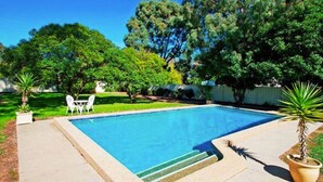 A rectangular swimming pool with steps leading into it, surrounded by a concrete deck. There are potted plants and a white outdoor chair visible. - Wattle Motel (Seymour)