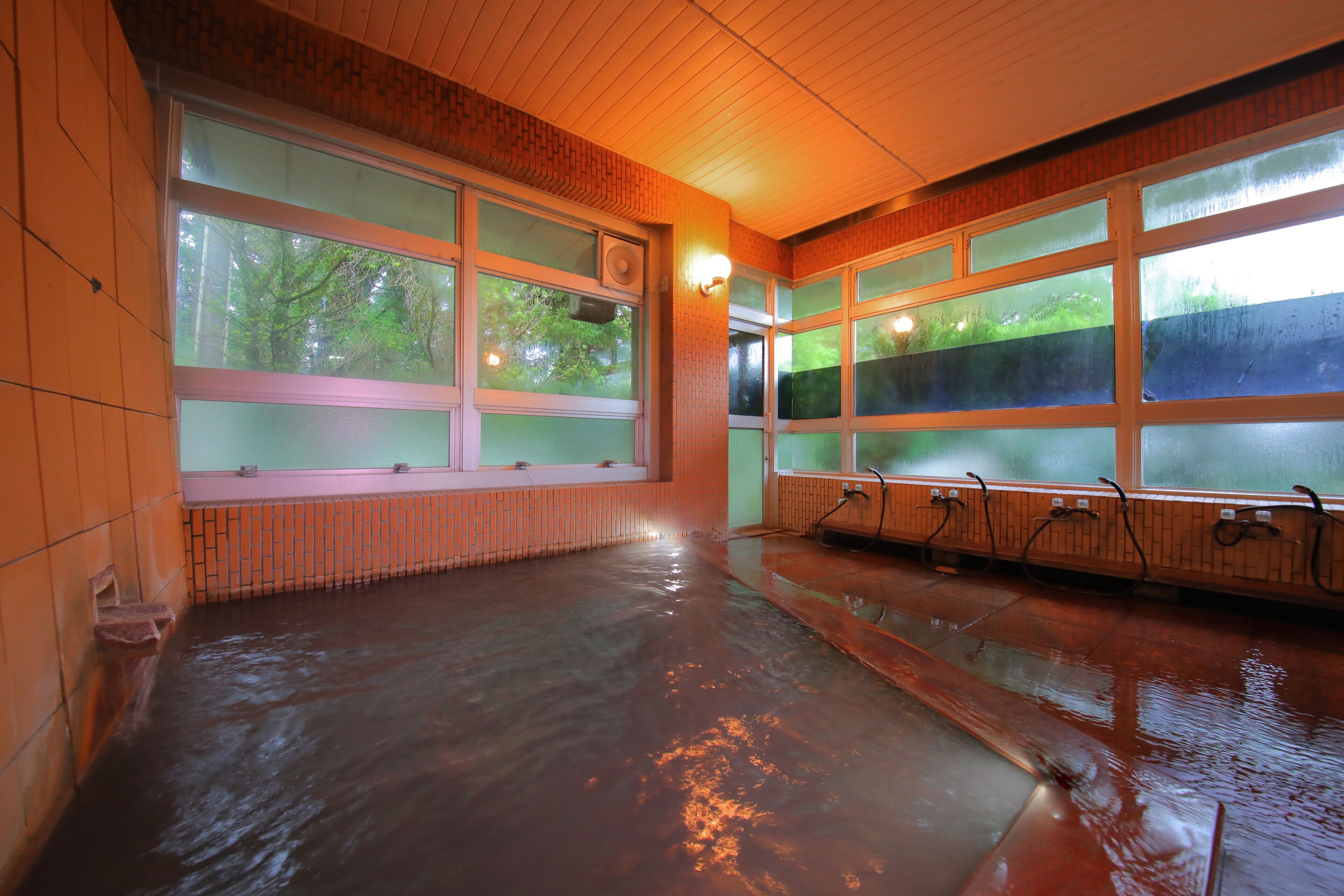 Une vaste piscine intérieure dotée de nombreuses couloirs de nage, entourée de murs en briques et de grandes fenêtres.