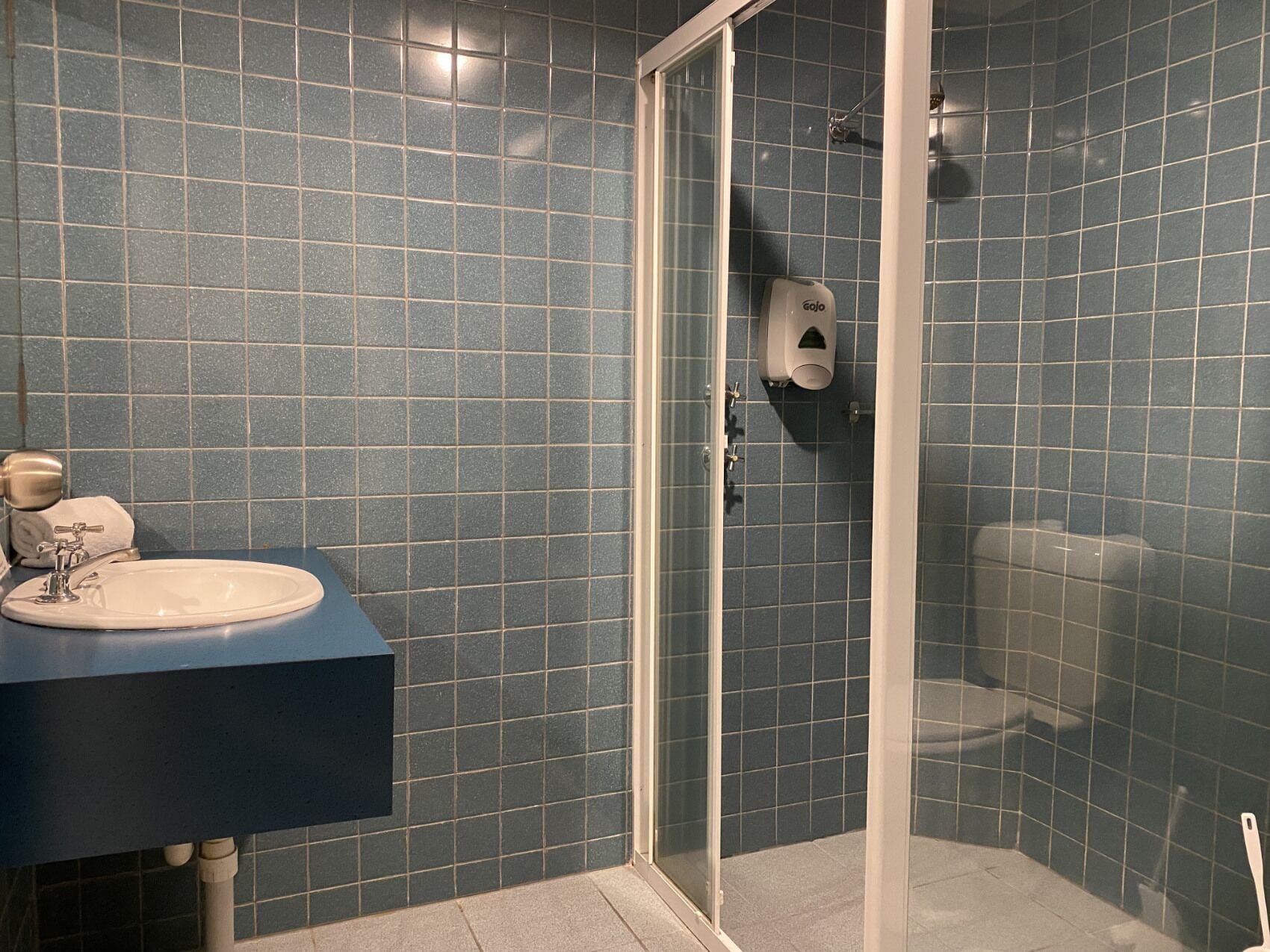 A bathroom with a sink, toilet, and shower area.