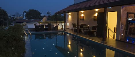 Indoor pool, a rooftop pool, sun loungers
