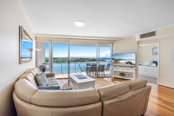 2 BR Premium Water View | Living area | Flat-screen TV, DVD player - The Duporth Riverside (Maroochydore)