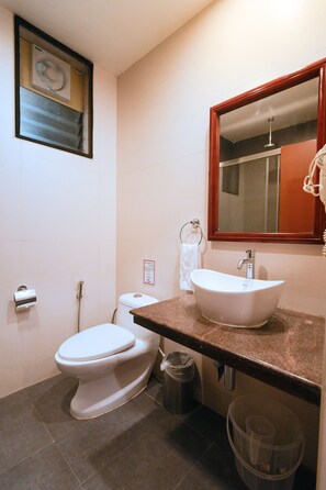 Bathroom features a pedestal sink, toilet, and trash bin, with a mirror above the sink and a towel nearby.