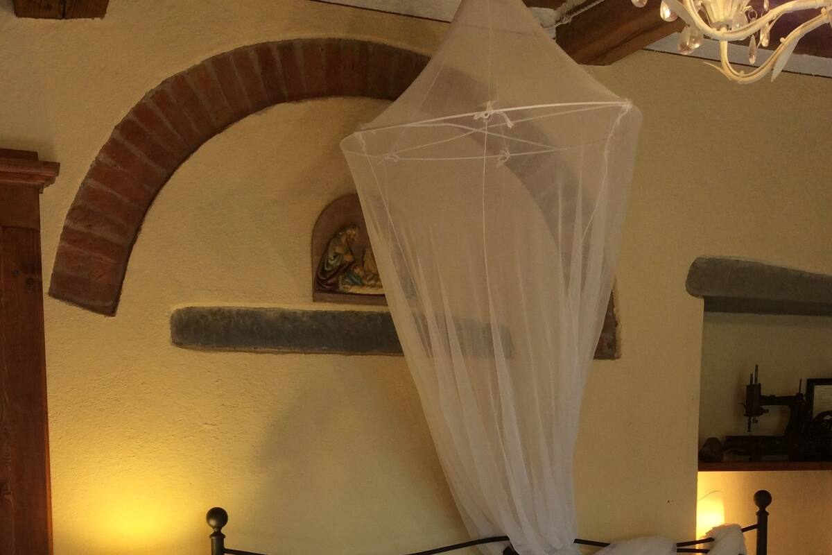 Ein Schlafzimmer mit einem Bett, einem Nachttisch, einer Lampe, einem Baldachin und einem Spiegel.