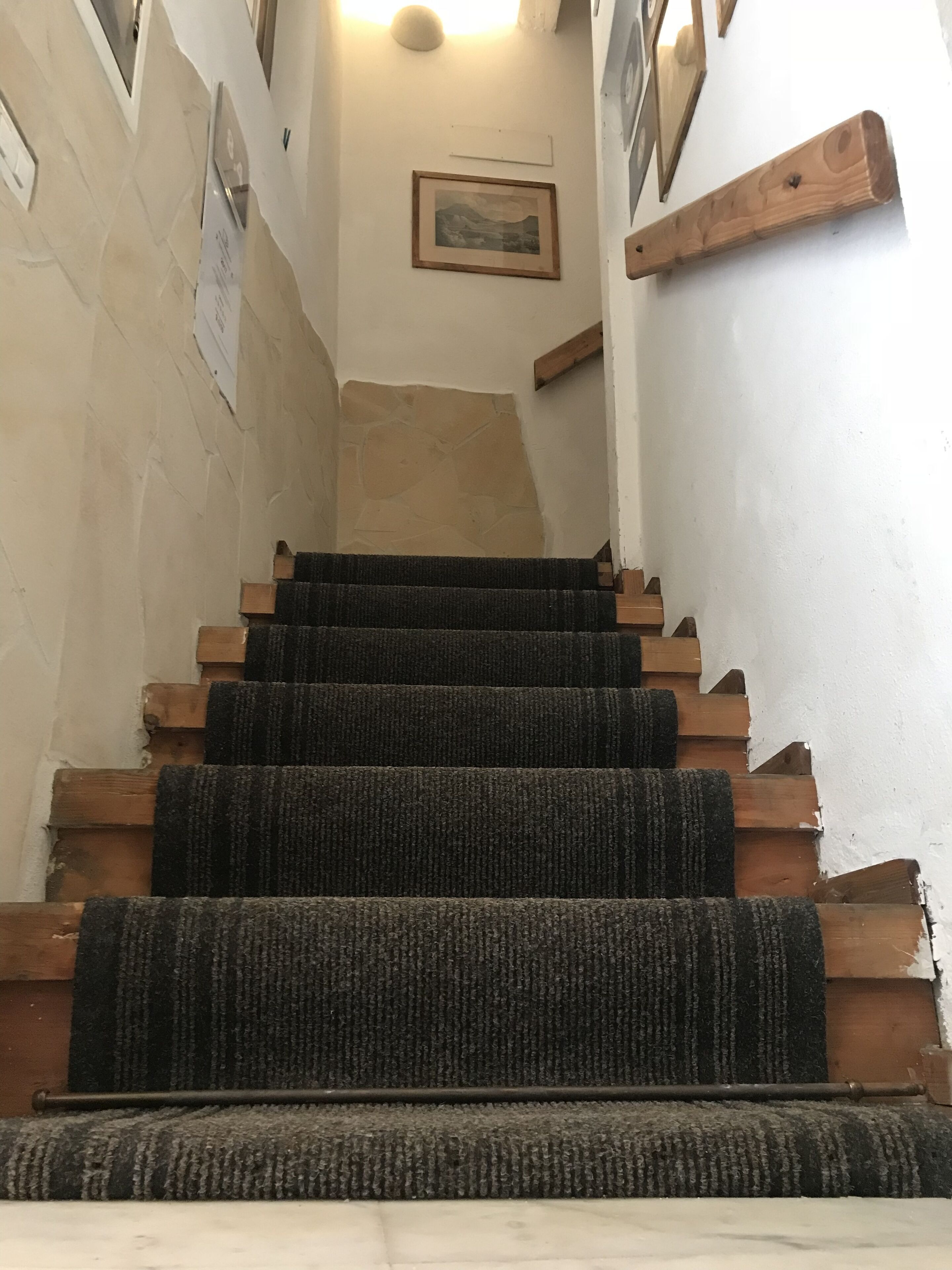 A staircase with wooden steps and dark carpeting.