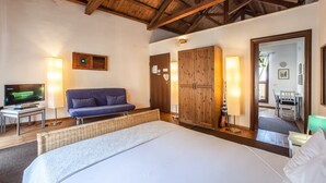 Een slaapkamer met een bed, een televisie, een sofa, een kledingkast en een spiegel.
