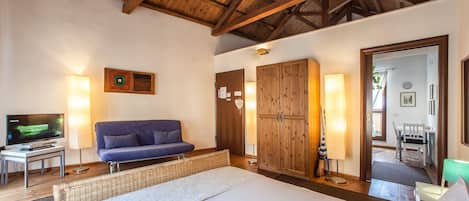A bedroom with a bed, a television, a sofa, a wardrobe, and a mirror.