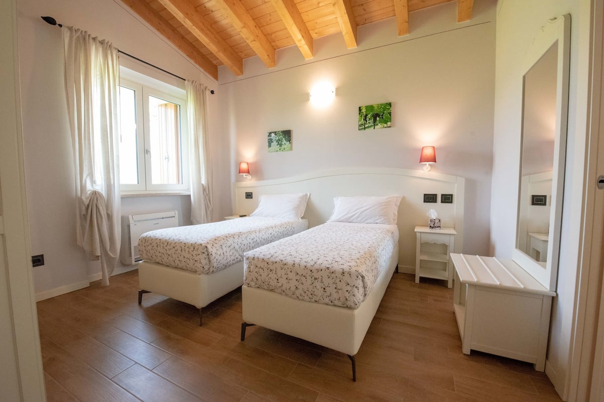 Une chambre avec deux lits simples, une table de chevet avec une lampe, un miroir et une fenêtre avec des rideaux.