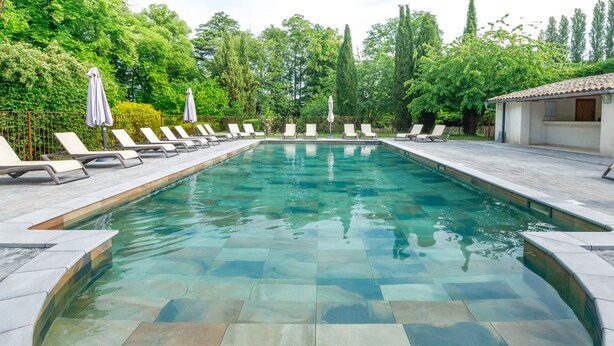 A rectangular swimming pool with clear blue water, surrounded by lounge chairs and umbrellas, set against a backdrop of lush greenery and tall trees. - Domaine des Tilleuls (Malaucene)