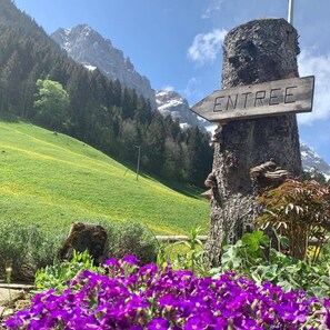 A wooden signpost with 'ENTREE' written on it, surrounded by greenery and flowers, with a mountain backdrop. - Guest House du Grand Paradis (Champery)