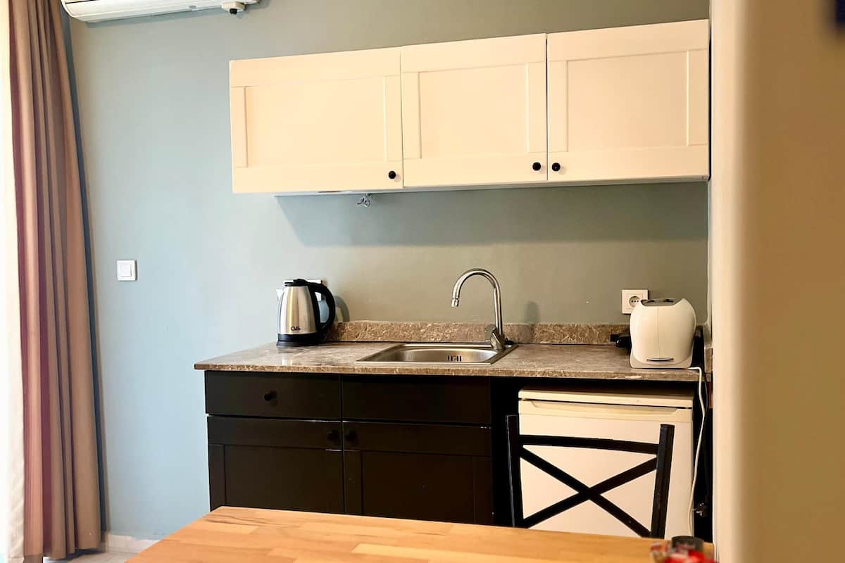 fridge, stovetop, electric kettle, cookware/dishes/utensils