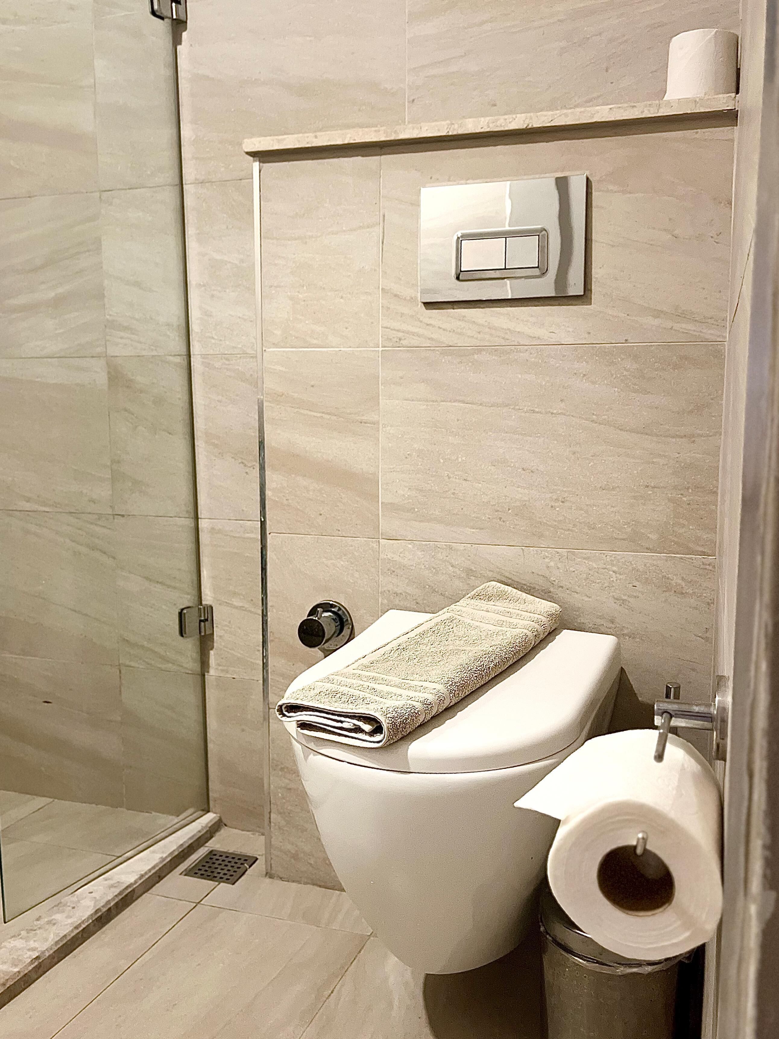 shower, hair dryer, bidet, towels