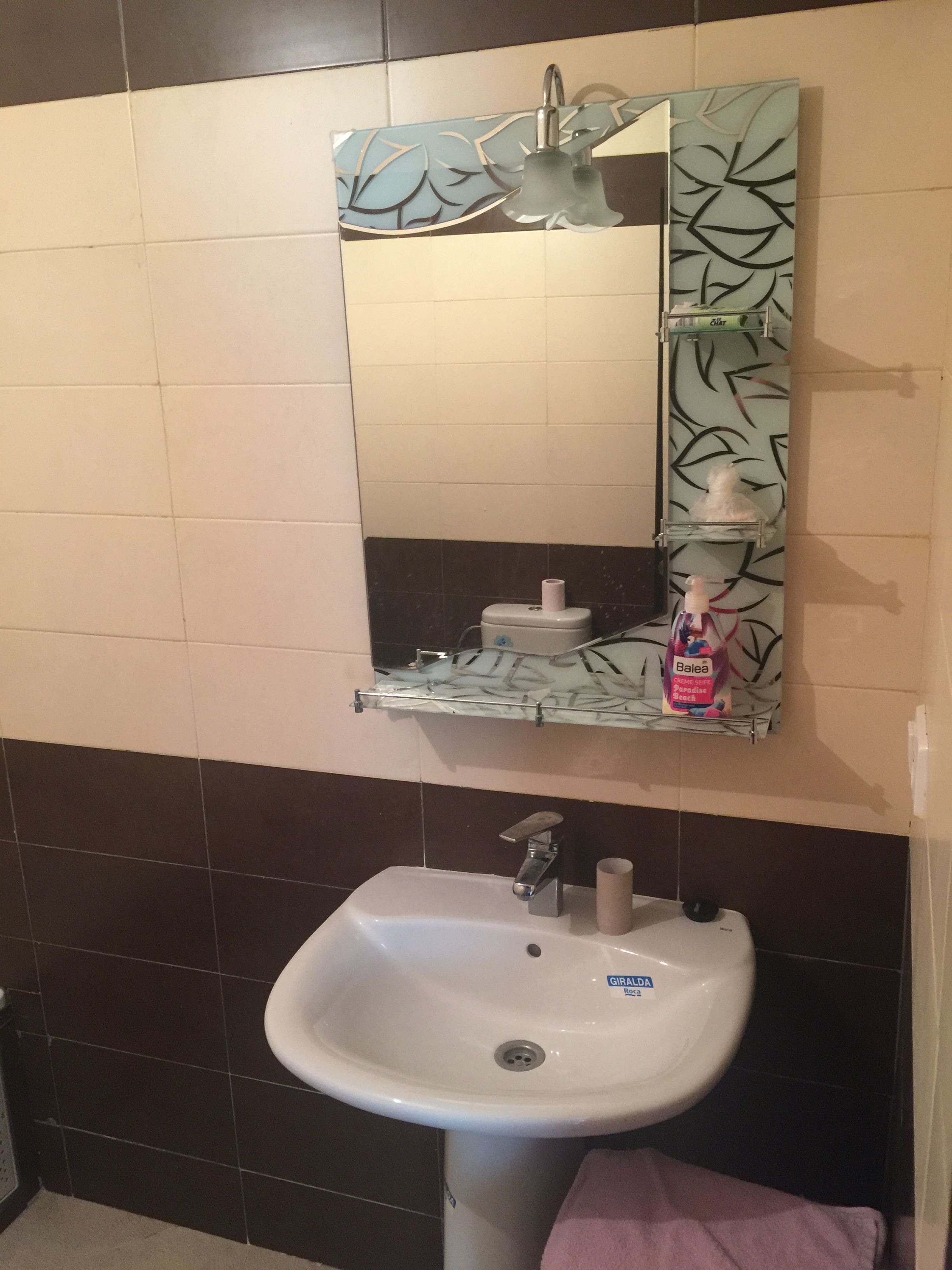 Kylpyhuone, jossa on valkoinen pesuallas, lehtikuviollinen peili ja wc-istuin.